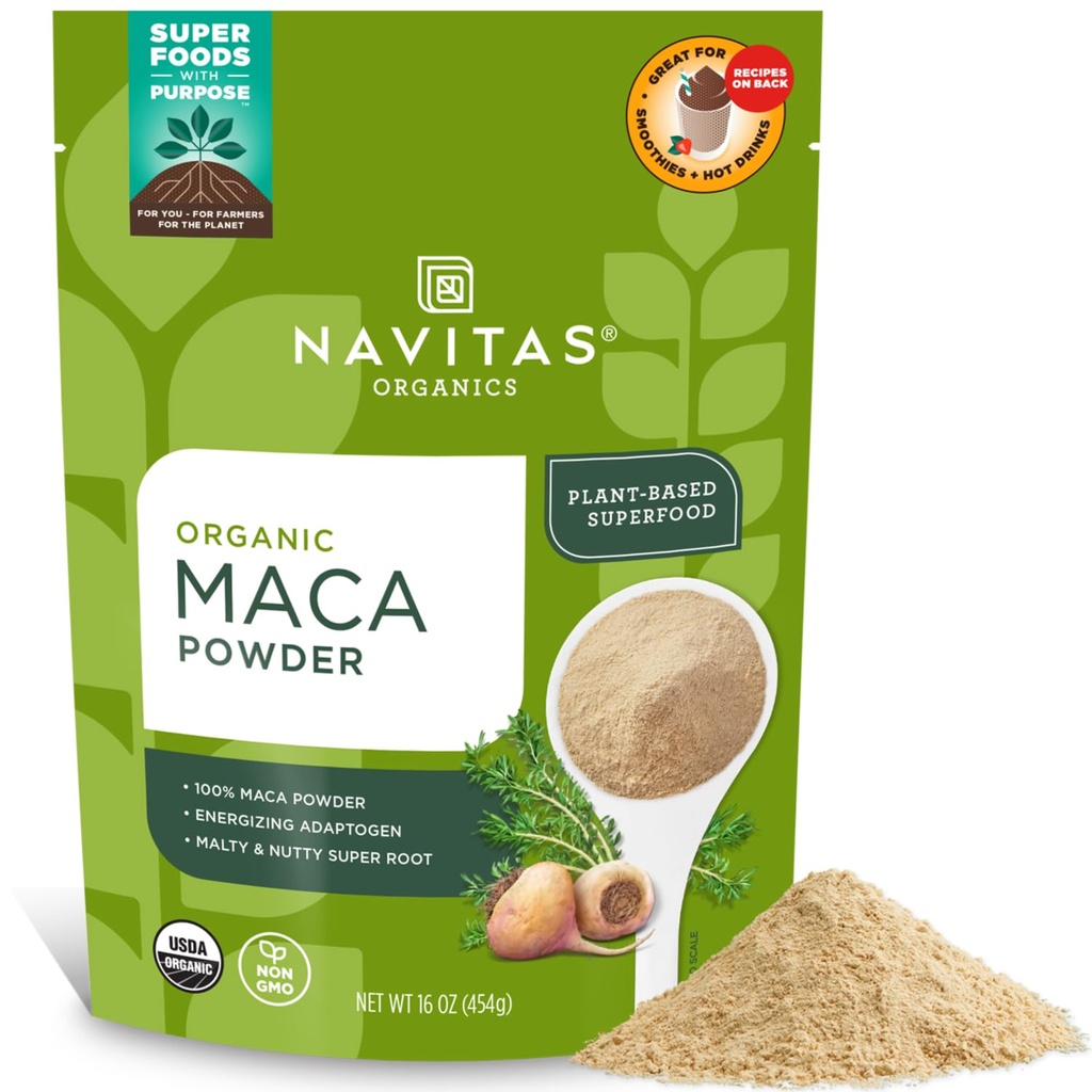 Navas Organics Maca Powder - 100% Gantatinized Peru Maca for Smoothie, Lattes, Baking & More - Energize & Saldo - USDA Organik, Non GMO, Vegan, Gluten Free (16oz). Tas, 180 pelayan, 2-Pack)