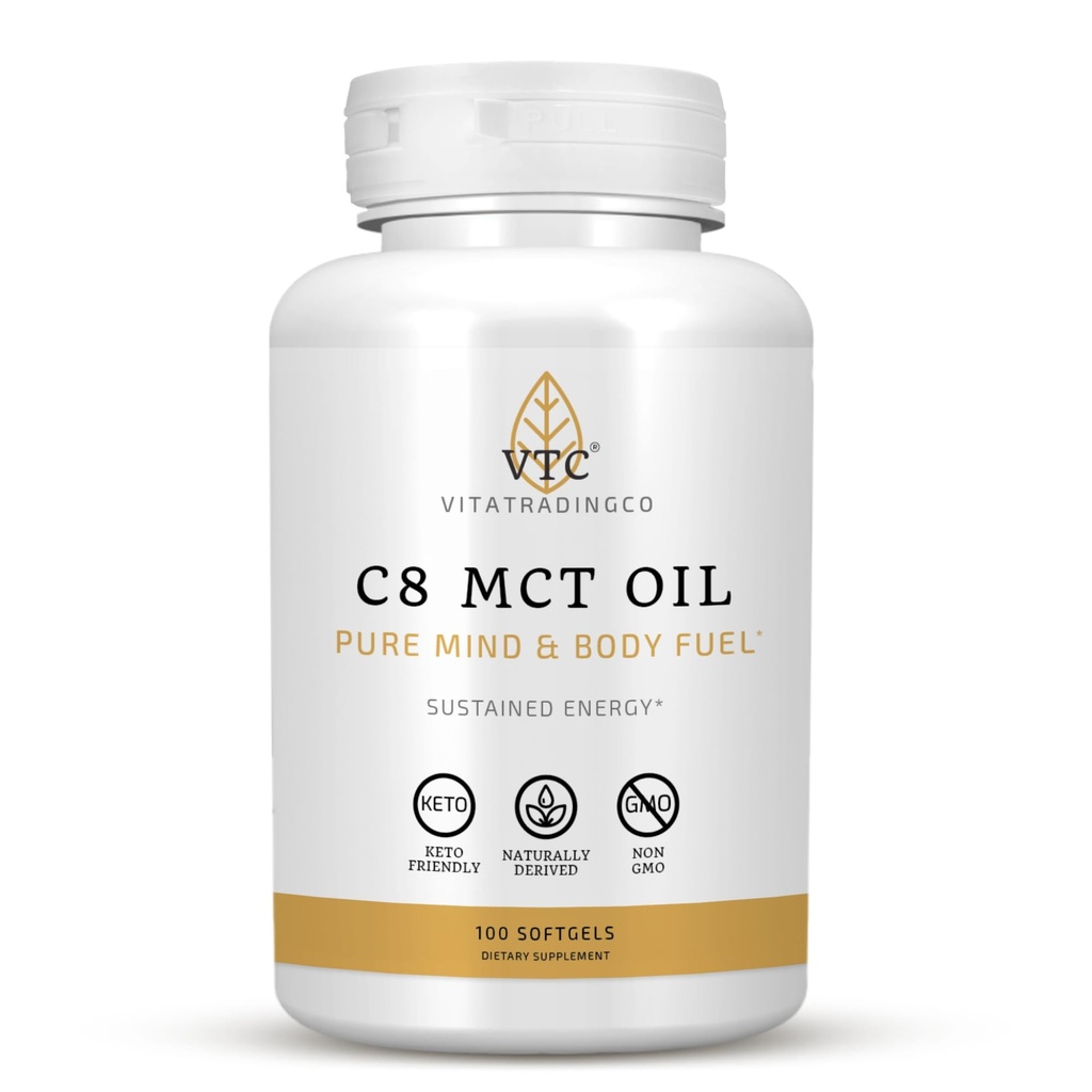 VTC VitaTradingCo. C8 MCT Oil Capsules 124; Ceral Derived C8 C8 Suplemen 124; Coconut Oil Bill 124; Subbed Energy 124; Keto Friendly, Non GMO 124; 100 Softgeels