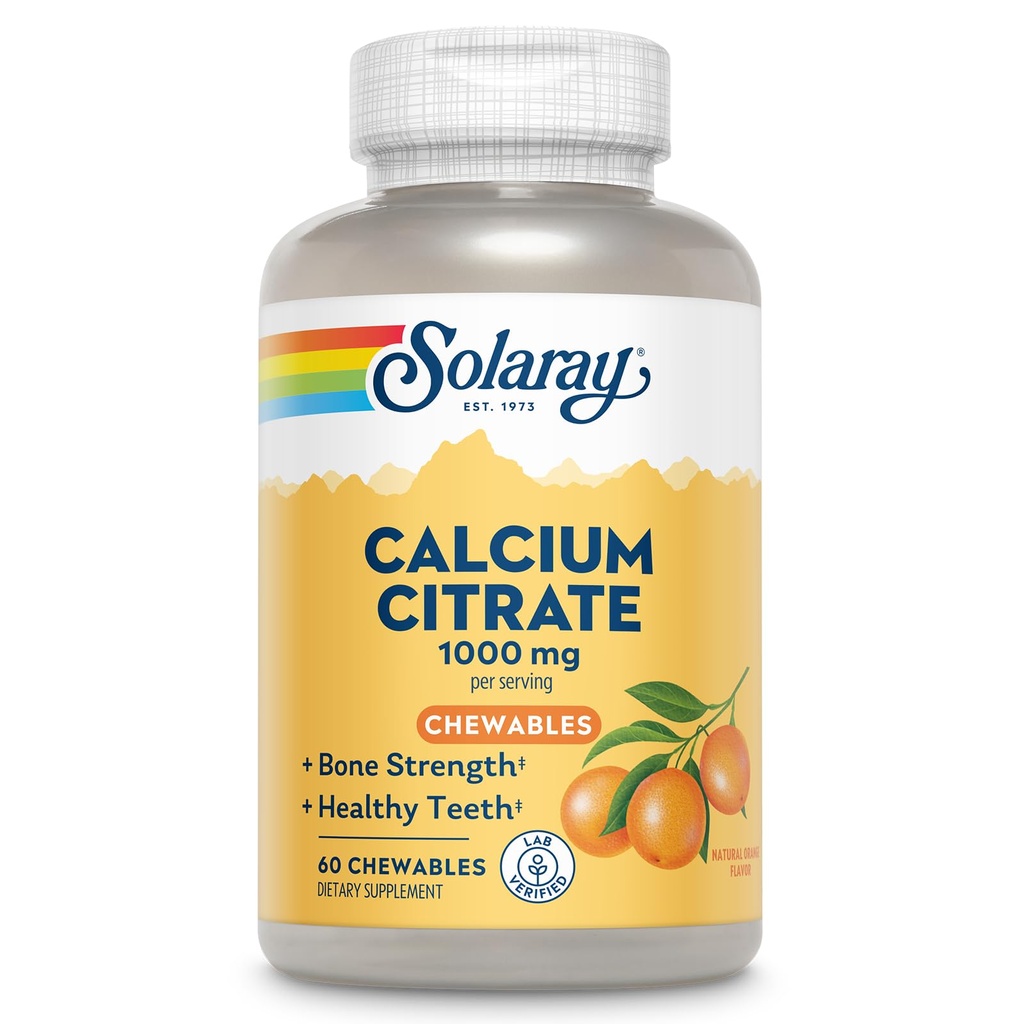 Solaray Calcium Citrate 1000 mg, Natural Orange Flavor Charlated Calcium Suplemen untuk Kekuatan Tulang, Gigi, Nerve, Otot, dan Dukungan Jantung, Jaminan 60 Hari, 15 Pelayan, 60 Chewables