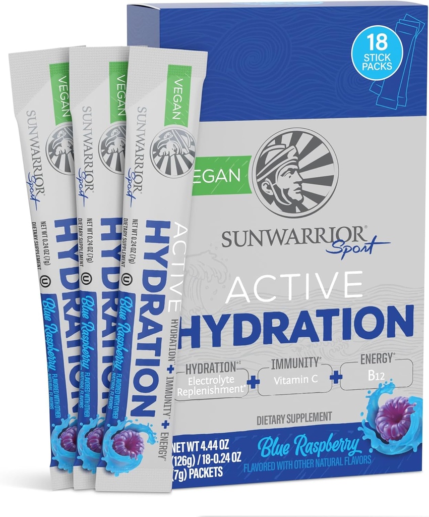 Sunwarrior Hidration Powder Electrolyte Pawder B12 Elderberry 124; Blue Raspberry Flavored 18 Stick Packs 126g Pouch 124; Vegan dan Pembangkit Sugar Free