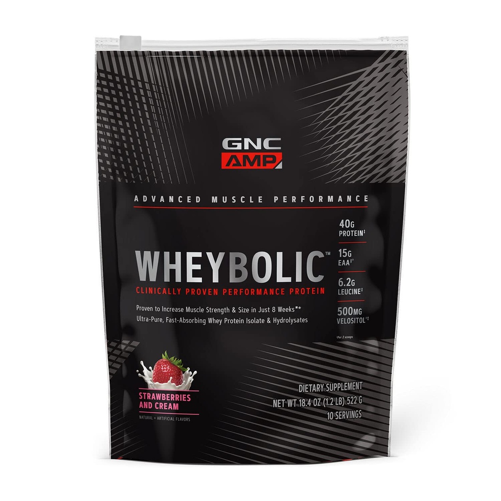 GNC AmP Wheybolic Clinically Proven Protein Powder, 40g Whey Protein, BCAA, Leucine, Increases Muscle Strength, Muscle Building, 3rd Party Tested, Gluten Free, Strawberry and Cream, 10 Curphins