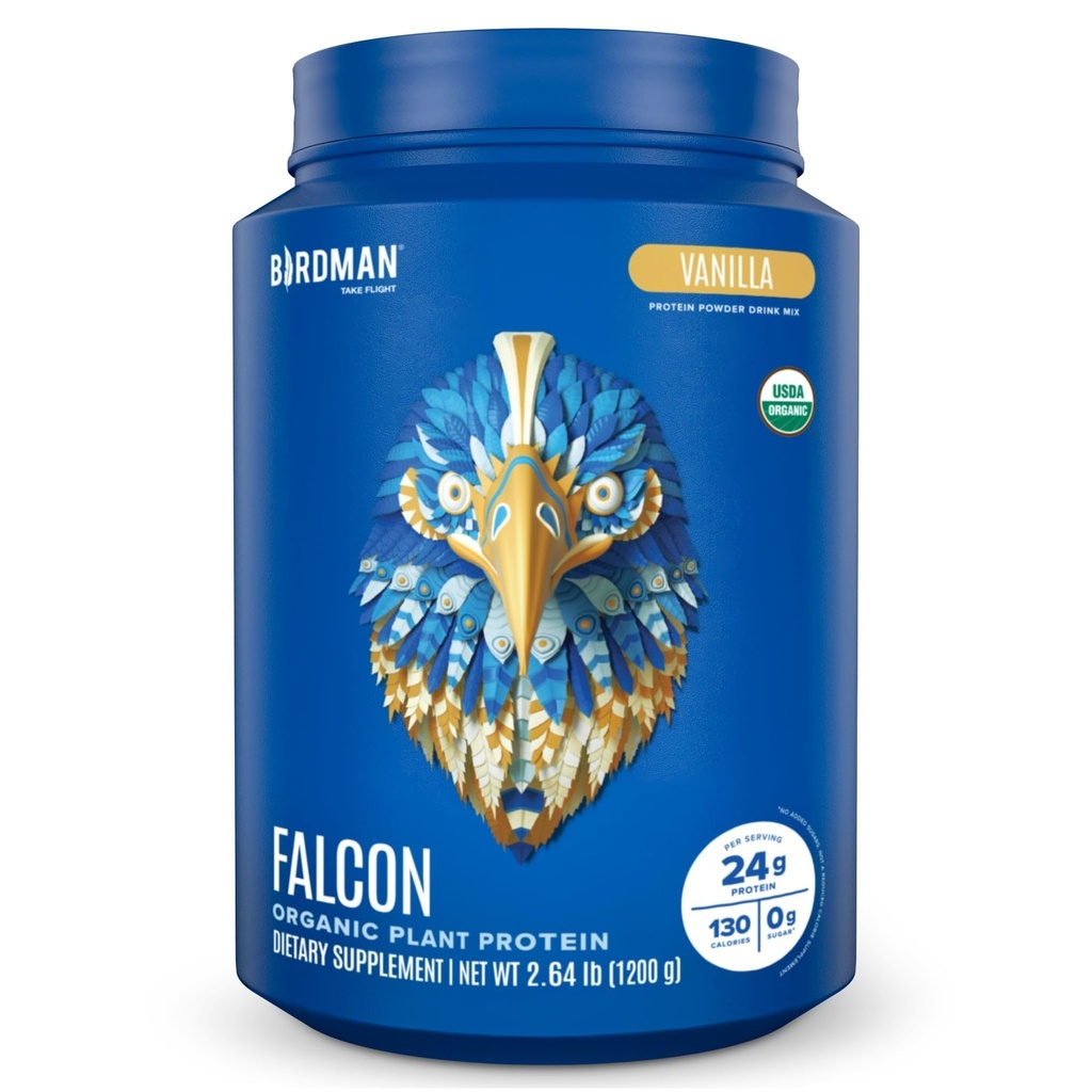 BirDMAN Falcon Vegan Powder Organic, Stevia & Sugar Free, Plant Based Protein, Low Carb, Dairy Free, Keto, Non Whey Protein, Probiosis, Pea Protein 124; Vanilla Flavor - 37 Servings - 2.64lb