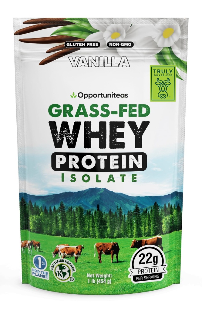 Opportunitea Grass Fed Vanilla Whey Protein Isolate Powder - 22g Protein powder Without Articial Sweeteners, Hormone- Free Cows, Non GMO - 1lb