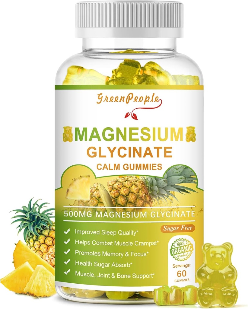 Green People Magnesium Glycinate Gummies dengan Citrate 1000mg, Tadrate & Matale - Sugar Free - Magnesium Potasium Tambahan dengan Vitamin D, K2 untuk Calm Mood & Zzz Dukungan - 60 Pineapple Gummies