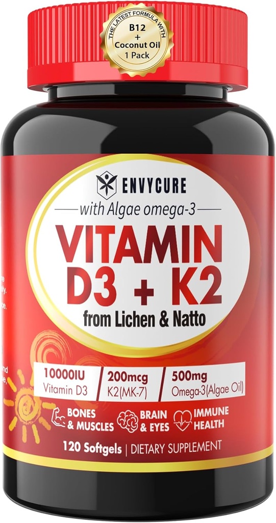 Plant - Based Vitamin D3 K2 Suftgel - Vit D3 100000 Iu + Vitamin K2 Mk7 200 Mcg, Algae Omegaga- 3, Magnesium, Vitamin B12 Untuk Muscle, Imune Dukungan, Max Absorpsi, Easy To Swallow 1pack
