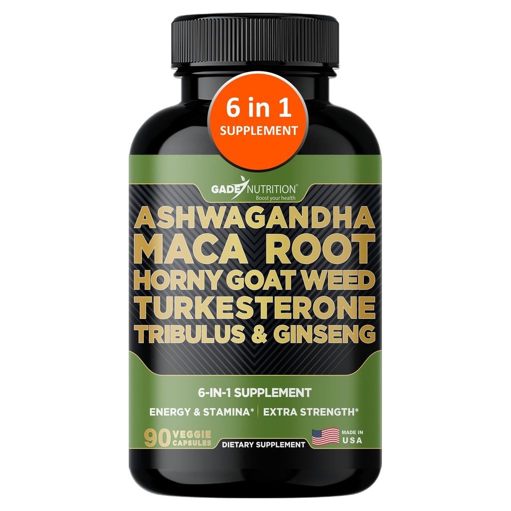 Gade Nutrition Ashwagandha dengan Maca Root, Horny Goat Weed, Turkesteron Suplemen, Tribulus Terristris, Panax Ginseng, 90 Vegetable Capsules for Energy, Stamina, Performance.