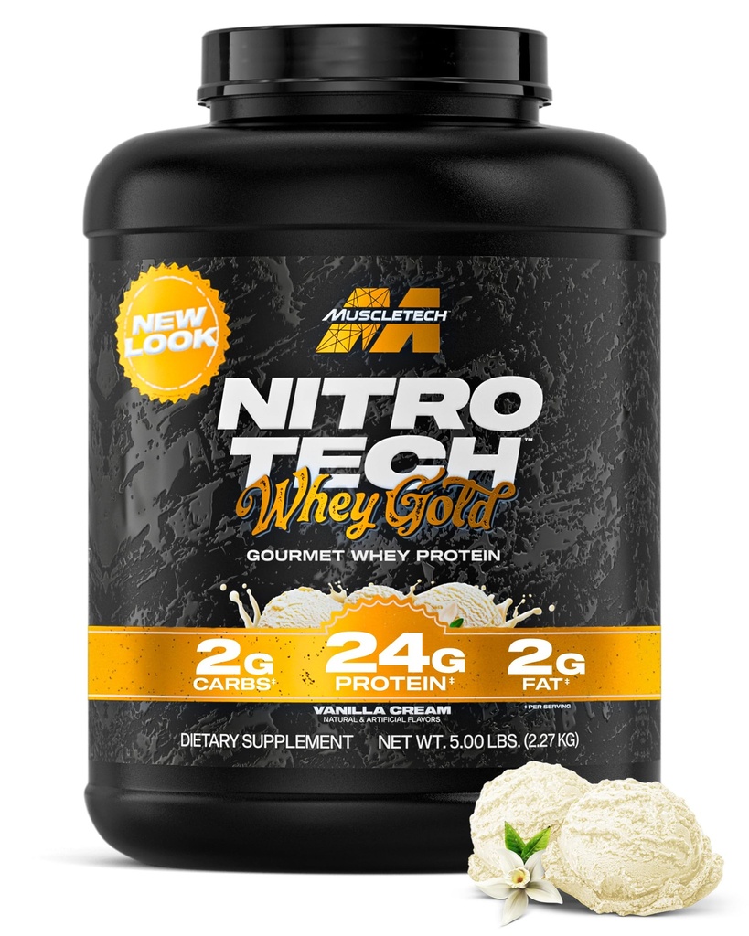 MuscleTech Whey Protein Powder (Vanilla Cream, 5LB) - Nitro- Tech Whey Whein Isolate Smoothie Mix untuk Lean Muscle & Recovery - 24g Whey Gold for Women & Men - Packating May Wary