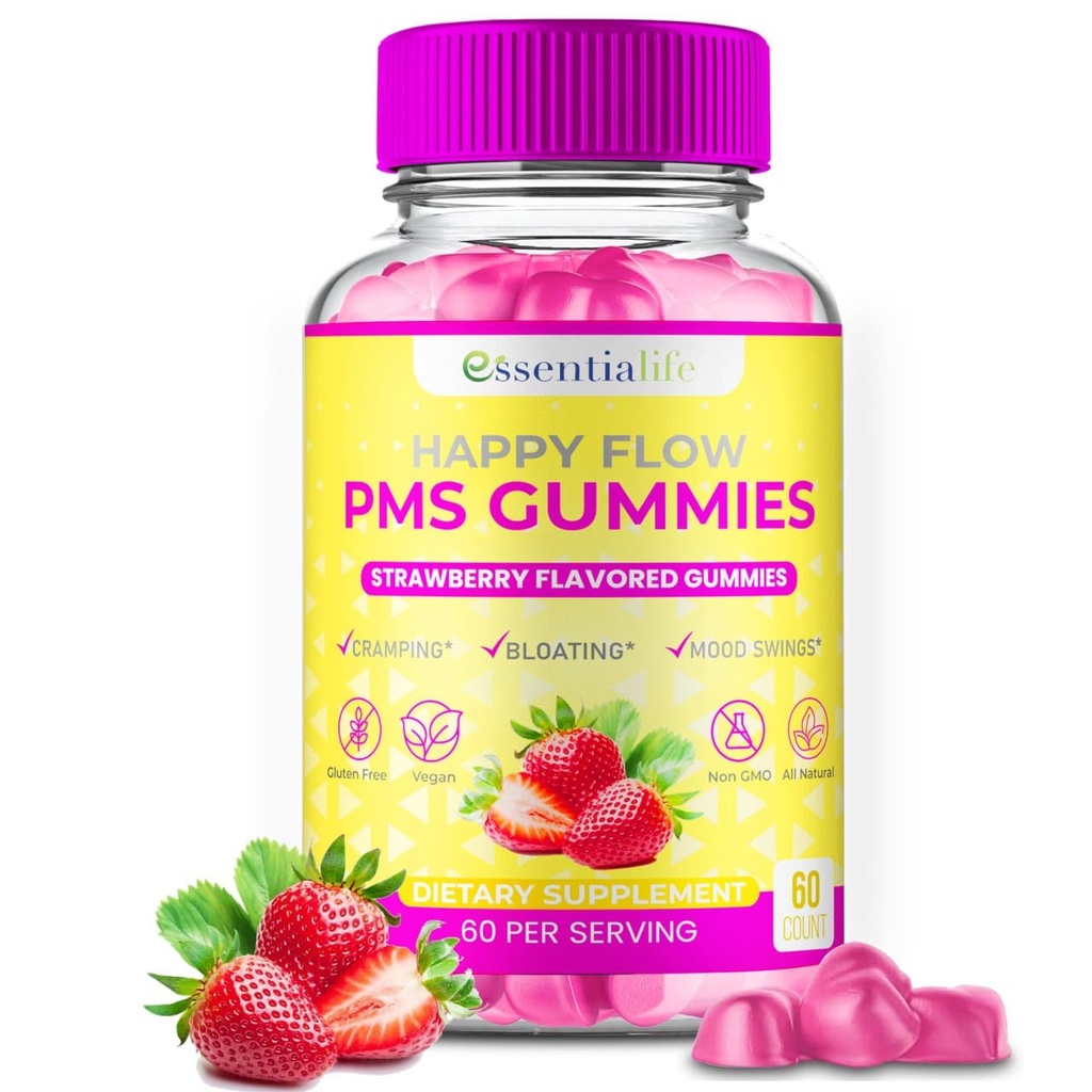 PMS Gummies - Selamat Flow Dukungan PMS Tambahan untuk Perempuan - Strawberry PMS Relief Suplement dengan Vitamin B6 untuk Keseimbangan Hormone, Dukungan Periode, Kurva, Hormonal Acne & Bloating Relief (60 Count)