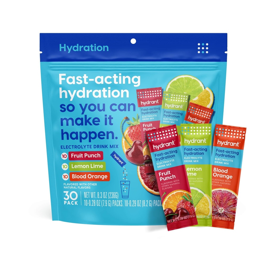 Hydrant - Hldration Powder Variety Pack, 30 Individual Instant Electrolite Rehydration Packet - Low Sugar Drink Mix for Daily Use, Travel & Workout