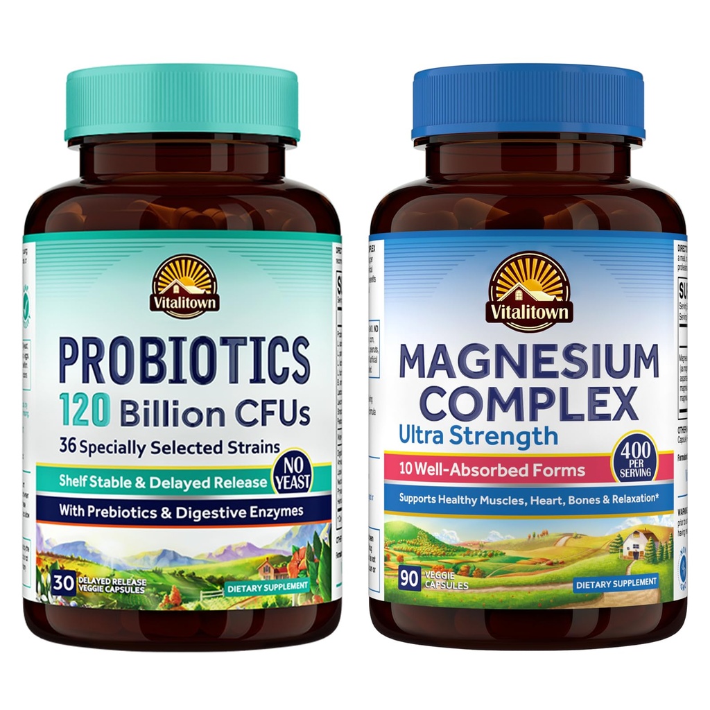 Provinsi Vitalitown Probiotic + Magnesium Bundle (Pack, Bone, Muscle, Sleep Health 124; Vegan 124; 30 Capsules & 120 Capsules