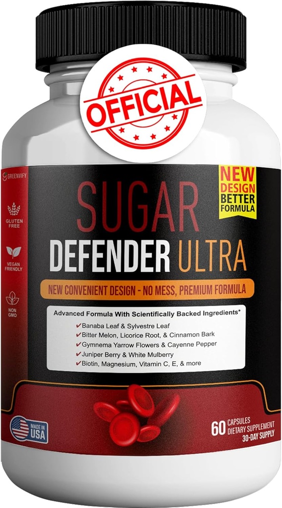 Sugar Defender Ultra - Formula lanjutan dengan Vitamin, Mineral, Banaba Leaf, dan More - 60 Capsules, Vegan, Non-GMO, Gluten- Free (1)