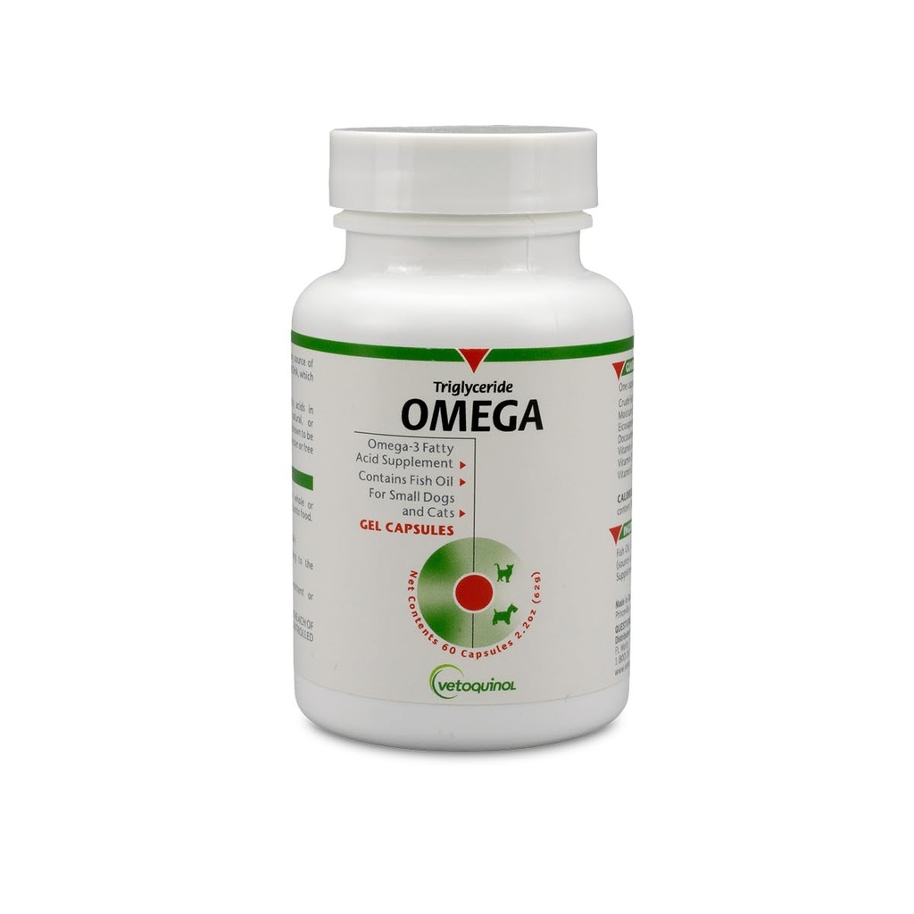 Vetoquinol Triglyceride Omega 3 Suplemen untuk Dogs and Cats, Fish Oil Suplemen dengan EPA dan DHA, Promotes Skin, Coat, Gabungan, dan Immune Health, Omega 3 Ikan Oil untuk Anjing dan Kucing sampai 30lbs, 60