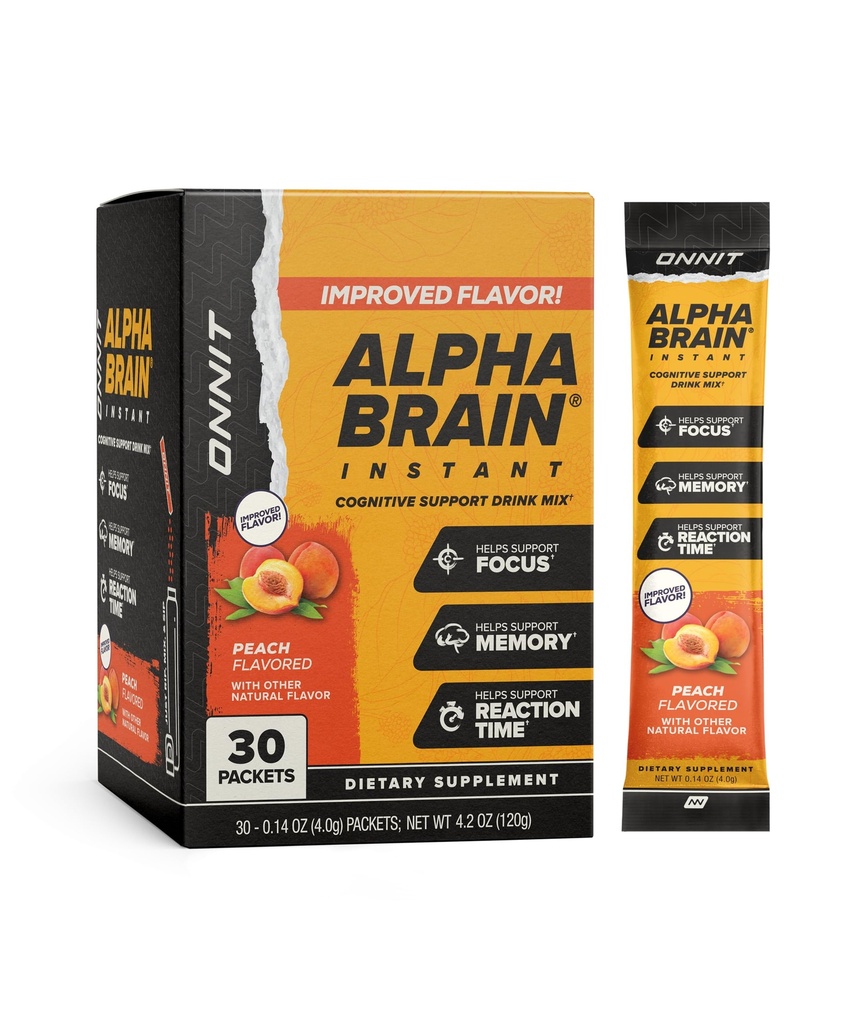 ONNIT Alpha Brain Instant Peach Flavor - Nootropic Brain Booster Memory Suplemen - for Focus, Energy & Clarity - Alpha GPC Choline, Catt Claw, L- Theanine, Babopa - 30ct