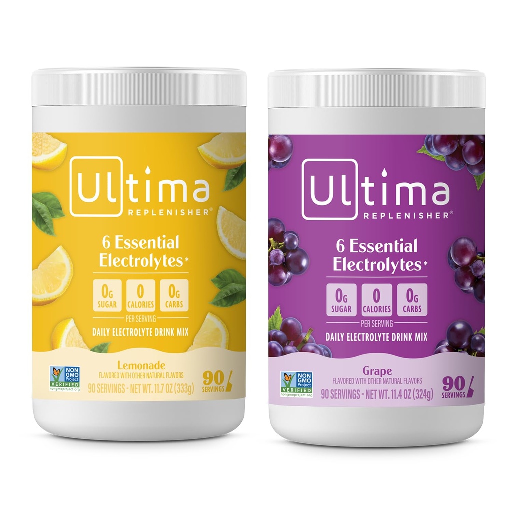 Ultima Replenisher Electrolite Powder Mix Bundle - Sugar Free - Sugar Free - Lemonade and Grape, 90 Serbu - Hydration - 6 Key Electrolite dan Trace Minex- Keto Friendly, Non-GMO