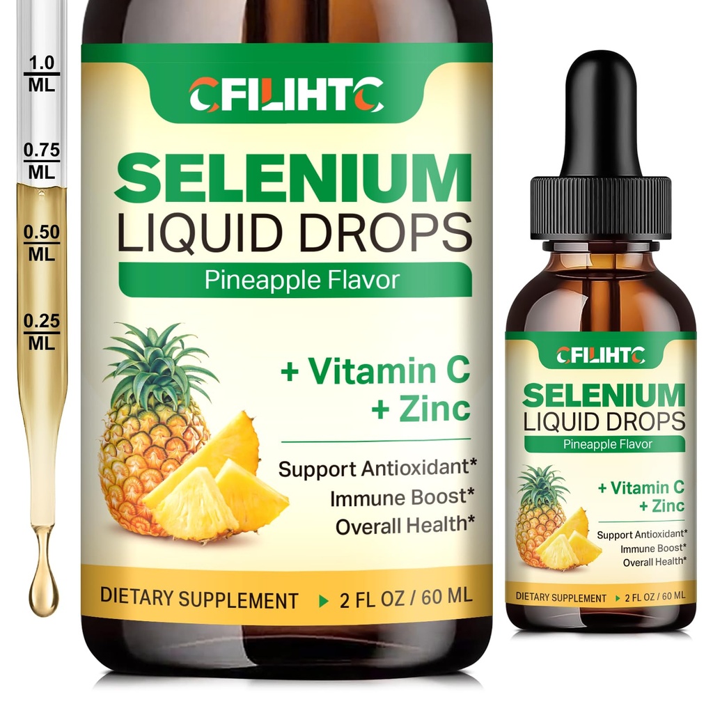 Selenium Liquid Drops, 200mcg Liquid Selenium Suplemen dengan Vitamin C & Zinc, Dukungan untuk Sistem Imune, Antioksidant & Heart Health, Absorpsi Tinggi, Pineapple Flavor, 2 Fl Oz