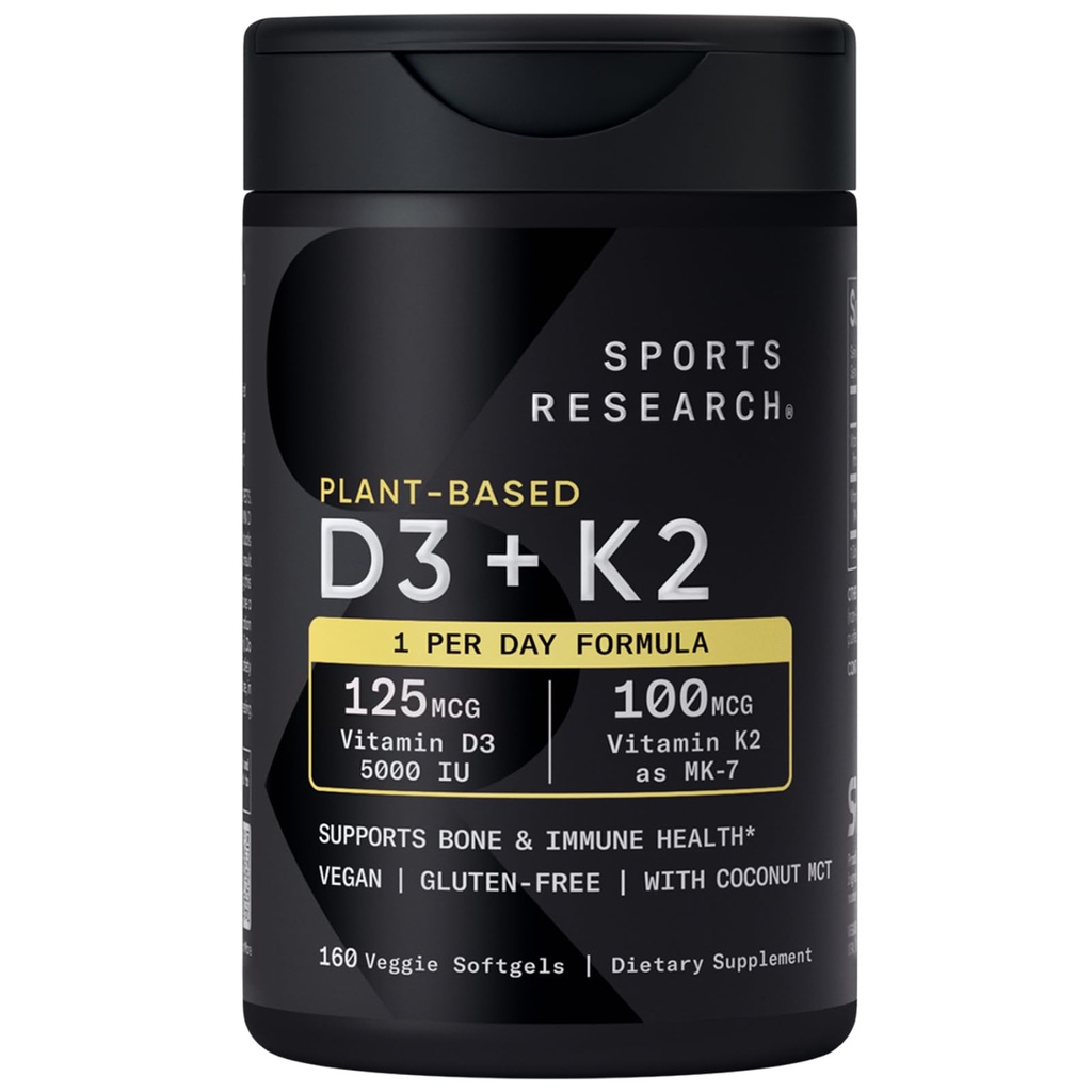 Riset Olahraga Vitamin D3 K2 dengan 5000iu tanaman berbasis D3 & 100mcg dari Vitamin K2 sebagai MK-7, Non-GMO Diverifikasi & Vegan Certifikasi - 160 Liquid Softgels