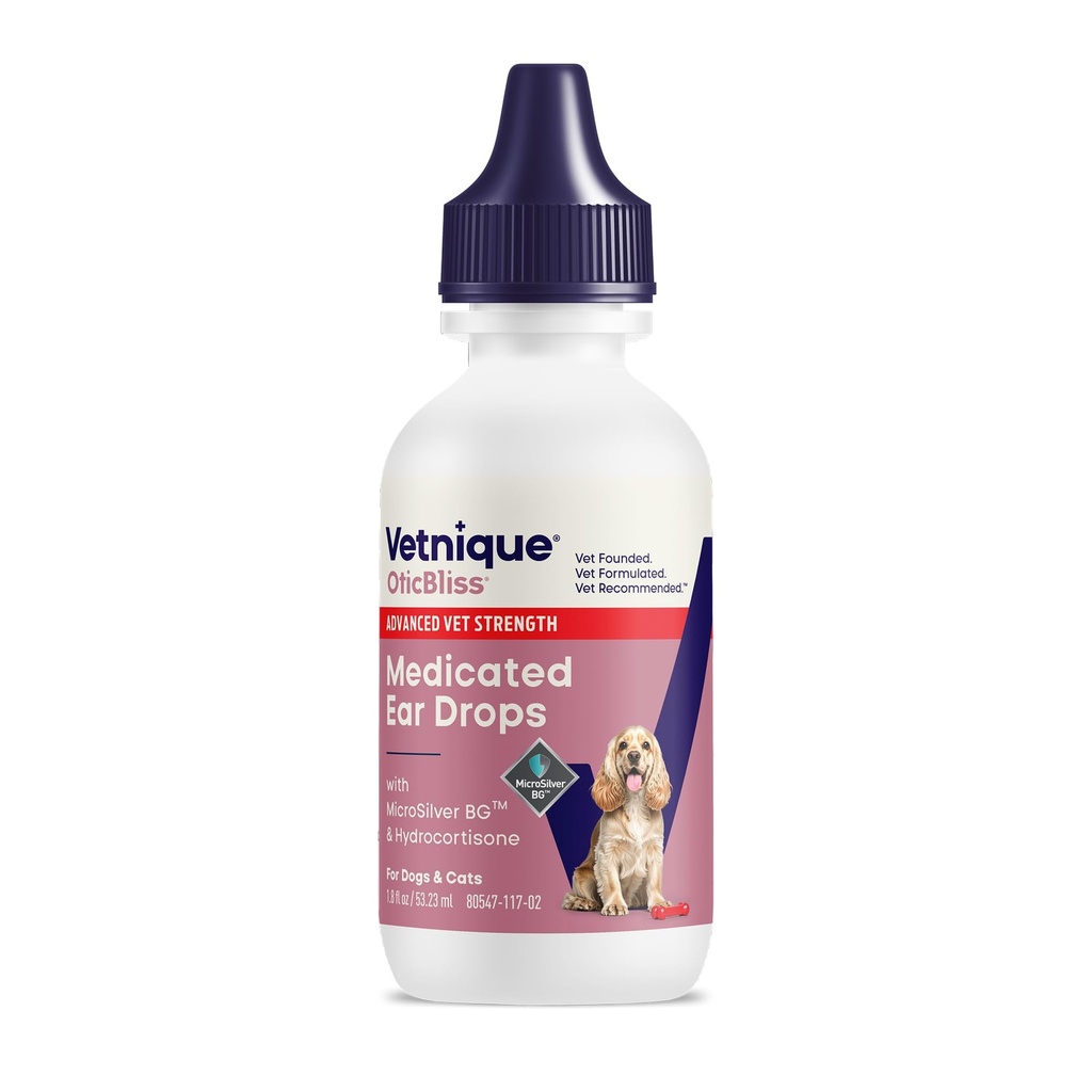 Vetnique Oticbliss Cat & Dog Ear Infeksi Treatment 124; Dog Ear Allergy Drops, Obat Infeksi MikroSilver Yeast untuk Dogs, Hydrocortisone untuk Pembengkakan Hidden (Ear Infeksi)