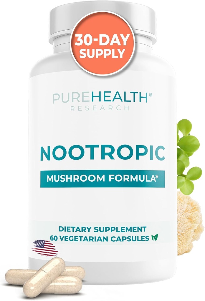 Nootropics Brain and Focus Supplement - Lions Mane, Shiitake, Chaga, Reishi Mushroom Powder - Impreve Cognitive Health with Bacopa Monnieri and Gingko Biloba Extract, 60 Capsules