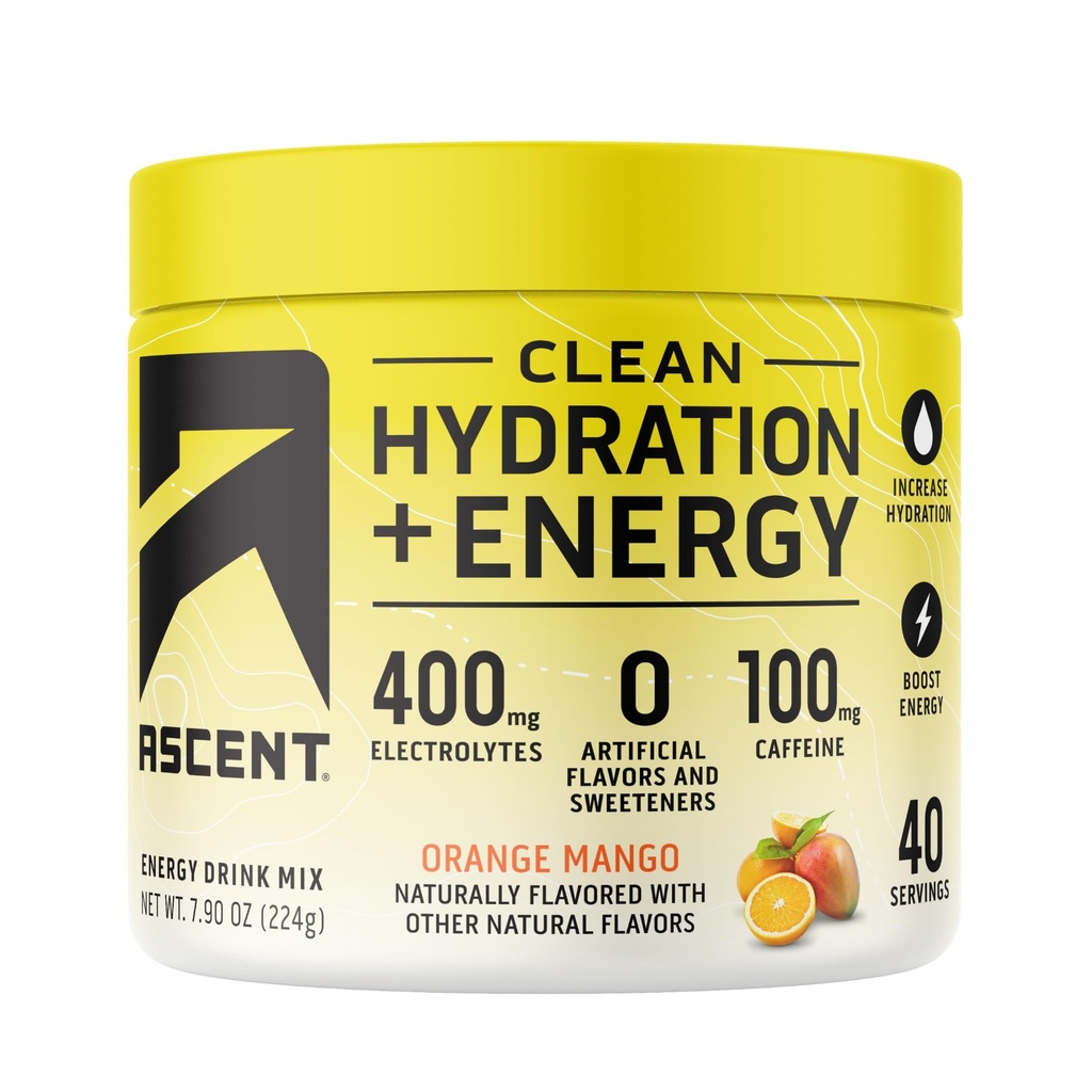 Ascent Clean Hydration + Energy Electrolytes Powder - 100mg Caffeine, 400mg Electrolites, Tidak ada Ingrediens Articial, Orange Mango 40 Servings