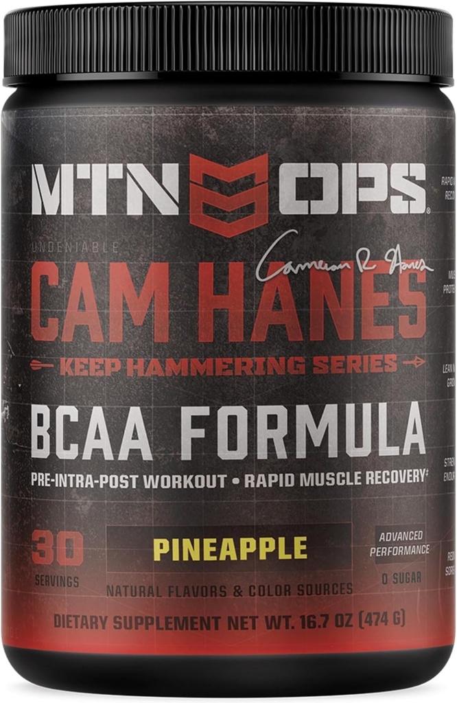 MTN OPS Cameron Hanes BCAA Powder Keep Hammering Series, 2: 1: 1 Amino Acids Suplement Powder for Rapid Muscle Recovery & Repair with Zero Sugar & Gluten Free - 30- Serving Tub