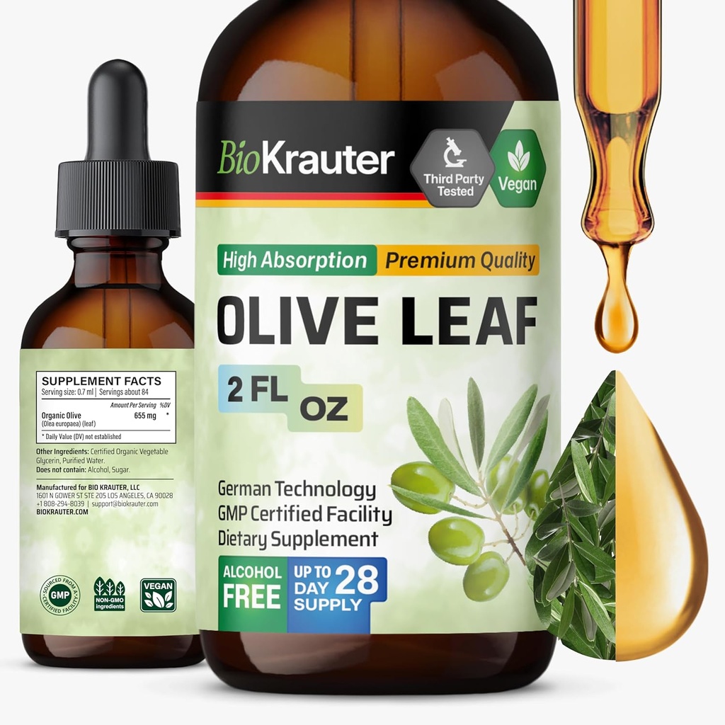 BIO KRAUTER Olive Leaf Extract Liquid - Olive Leaf Taincture for Immune Support - Alkohol dan Gula Free - Vegan Drops 2 Fl.Oz.