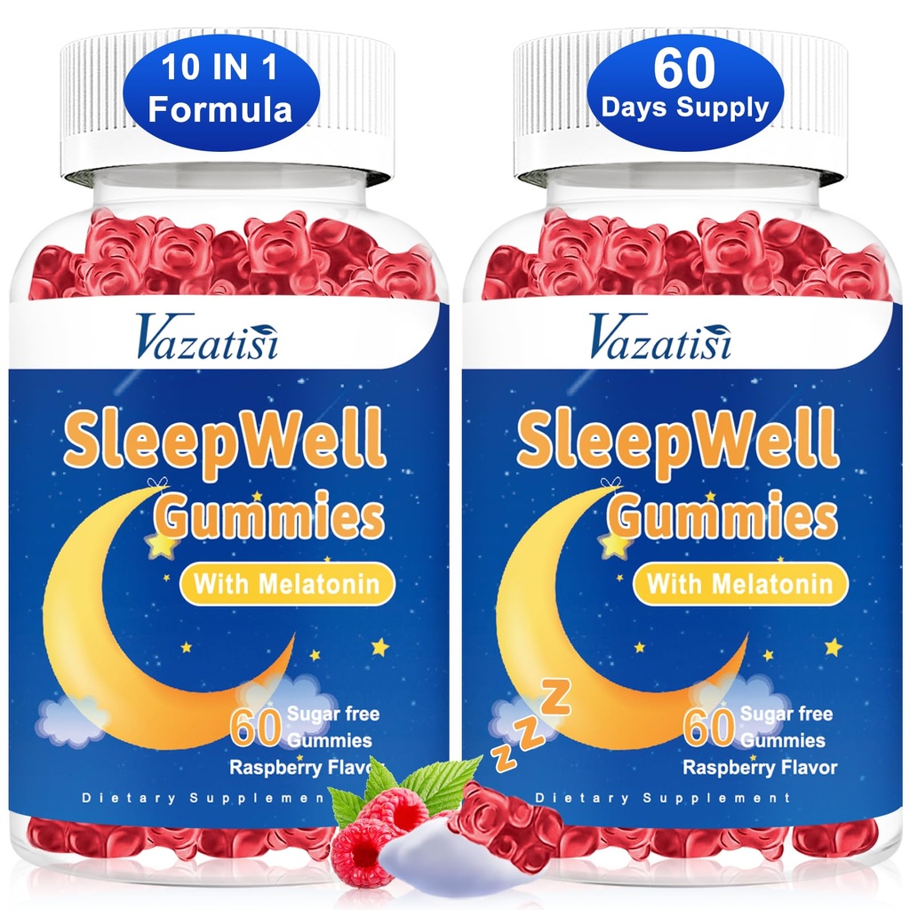Tidur Gummies untuk Dewasa dan Anak-anak - Sugar Free Melonalin Gummies dengan Magnesium, L- Theanine, Vitamin B12, Vegan - Raspberry Flavored, 120 Cts