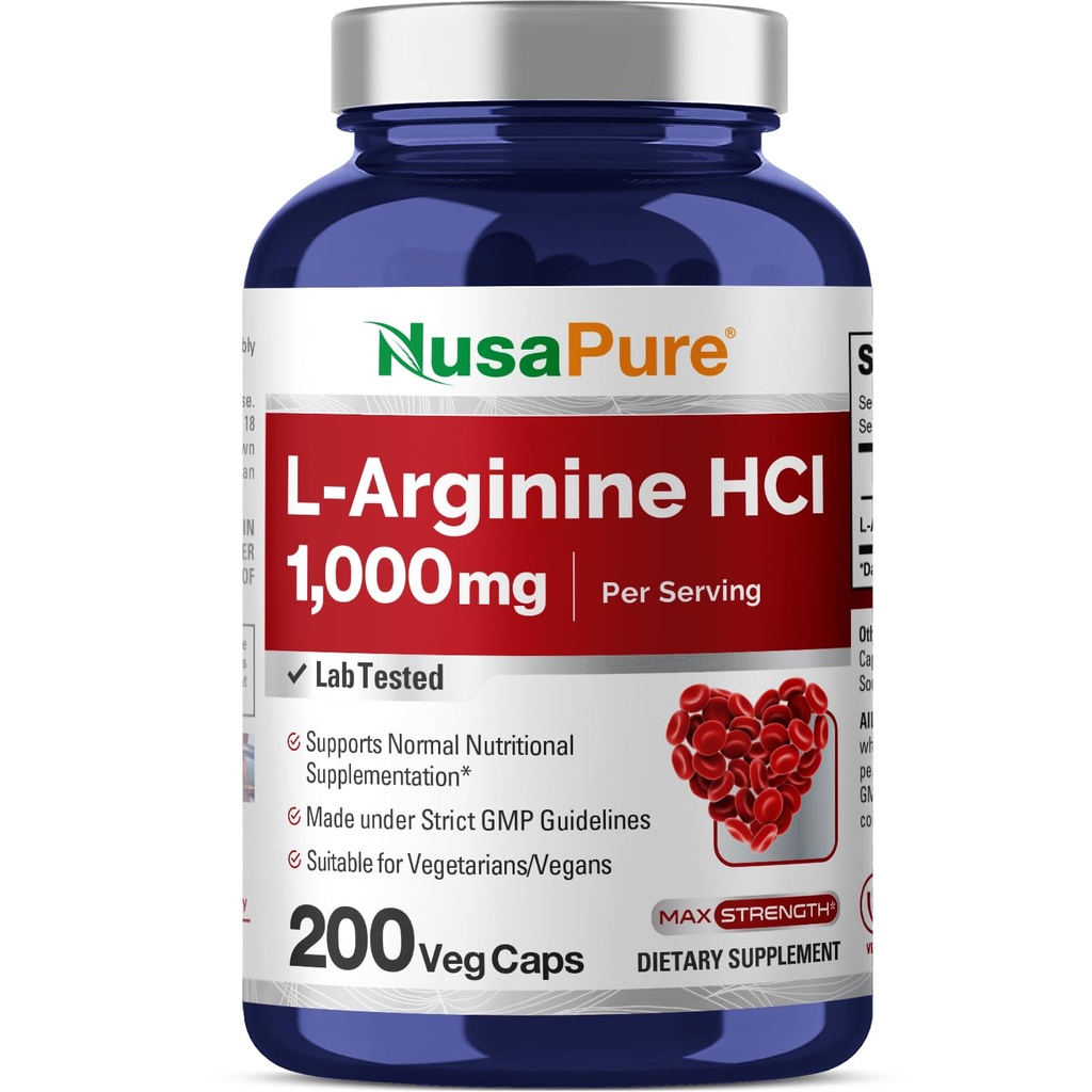 NusaPure L-Arginine 1000 mg 200 Veggie Capsules (Non- GMO, Vegetarian, Vegan)