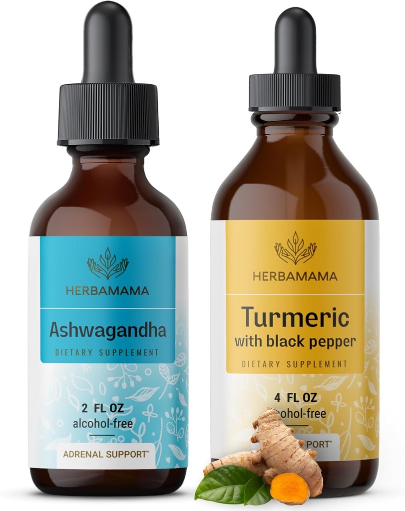 HERBAMAMA Herbal Liquid Drops Kit - Bundle of Ashwagandha Root Extract & Turmeric with Black Pepper Tincture 2 - Vegan, Non-GMO, Sugar & Alcohol- Free-2 Pack