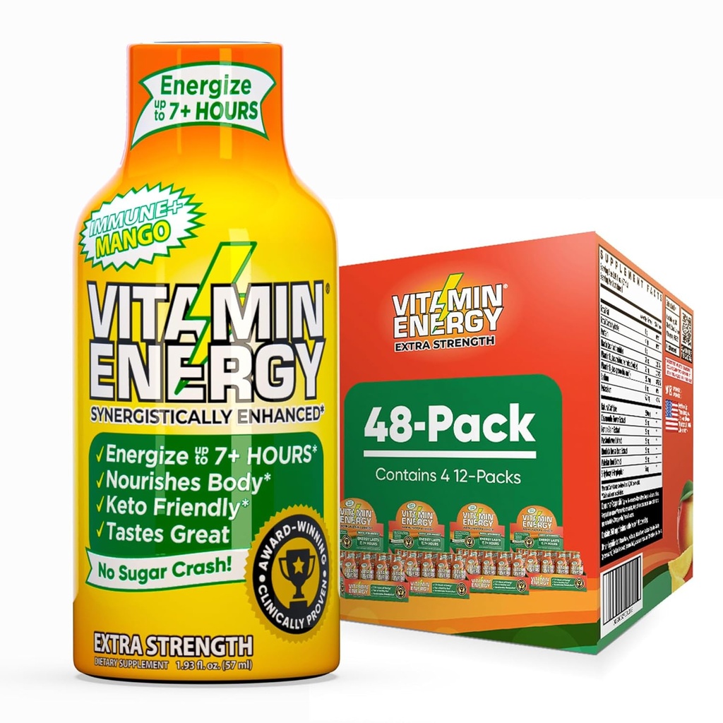 Vitamin Energy Immune + Extra Energy Shot Mangga 48 Pack, 260mg Natural Caffeine, B-Vitamin, Citicoline, Green Tea, Imunity & Focus Dups, Zero Sugar, Gluteng-Free 1.93 fl oz