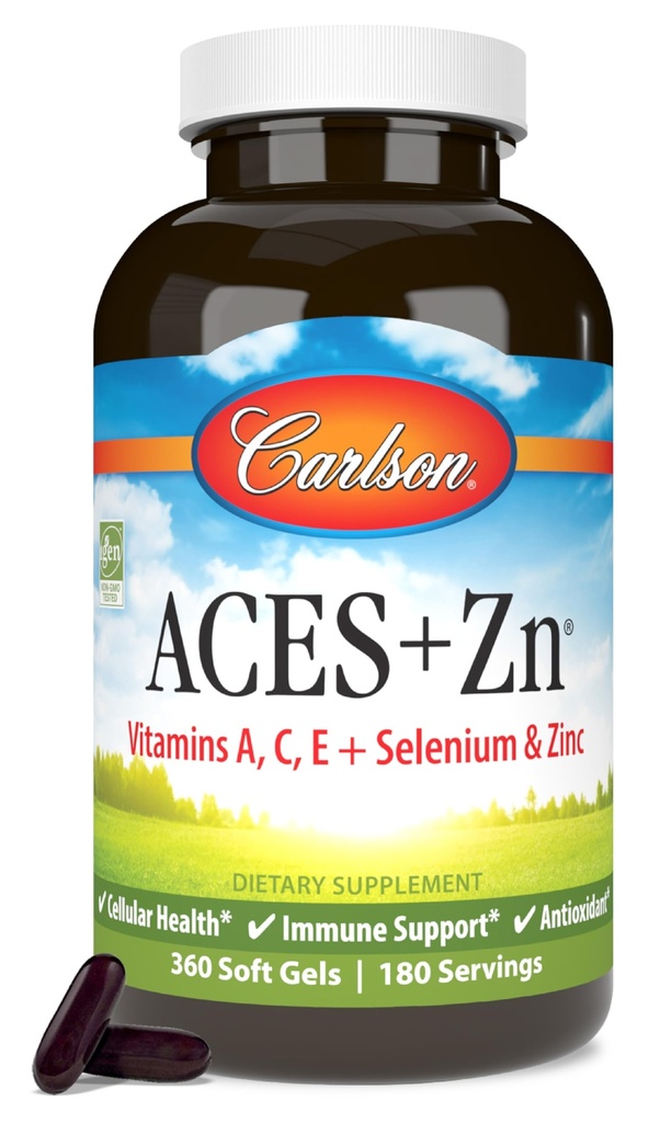 Carlson - ACES + Zn, Vitamin A, C, E + Selenium & Zinc, Multivitamin with Zinc, Cellular Health & Imune Dukung, Selenium Multivitamin, Antioksidant, 360 Softgels