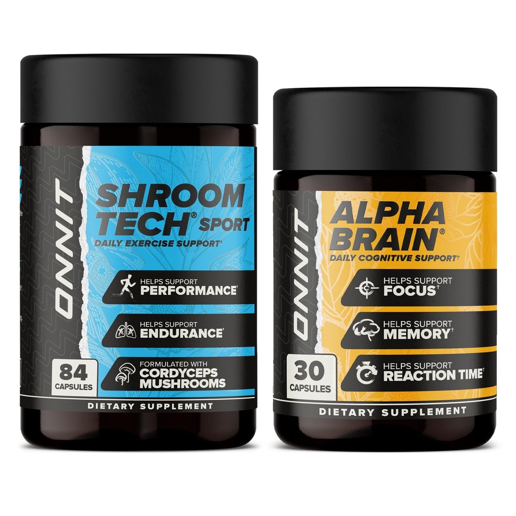 ONNIT Premium Alpha Brain Bundle - Nootropic Brain Suplemen (30 Count) untuk Fokus, Konsentrasi & Memori + Shroom Tech Sport untuk Latihan, Energi & Kardiovaskular Performance (84 Cacah)