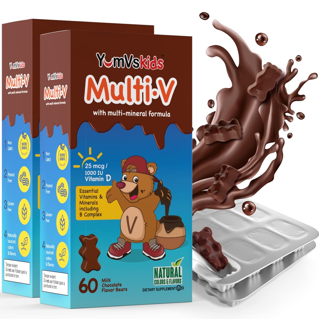 YUM-V 'S - Kids Multivitamin Chocolate Bears - Multivitamin for Kids Supplement - 16 Vitamin & Minetal - Termasuk D, Zinc, C, B Kompleks & Lebih, 60 Cacah (Paket 2)
