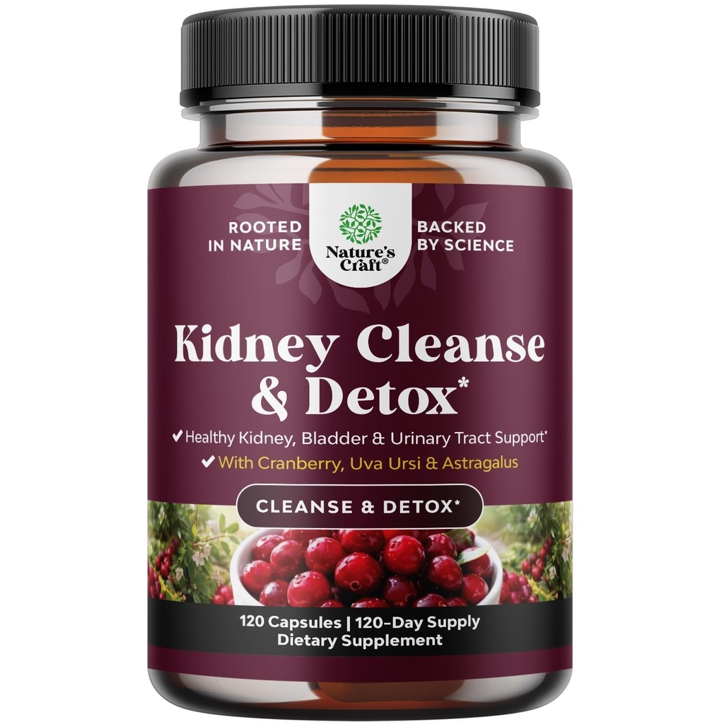 Tambahan Dukungan Kidney Lanjutan - Kidney Cleanse Detox & Repair Cranberry Extract Capsules dengan Uva Ursi, Stinging Nettle & Astragalus untuk Kesehatan Ginney - Urinary Tract Health - 120 Caps