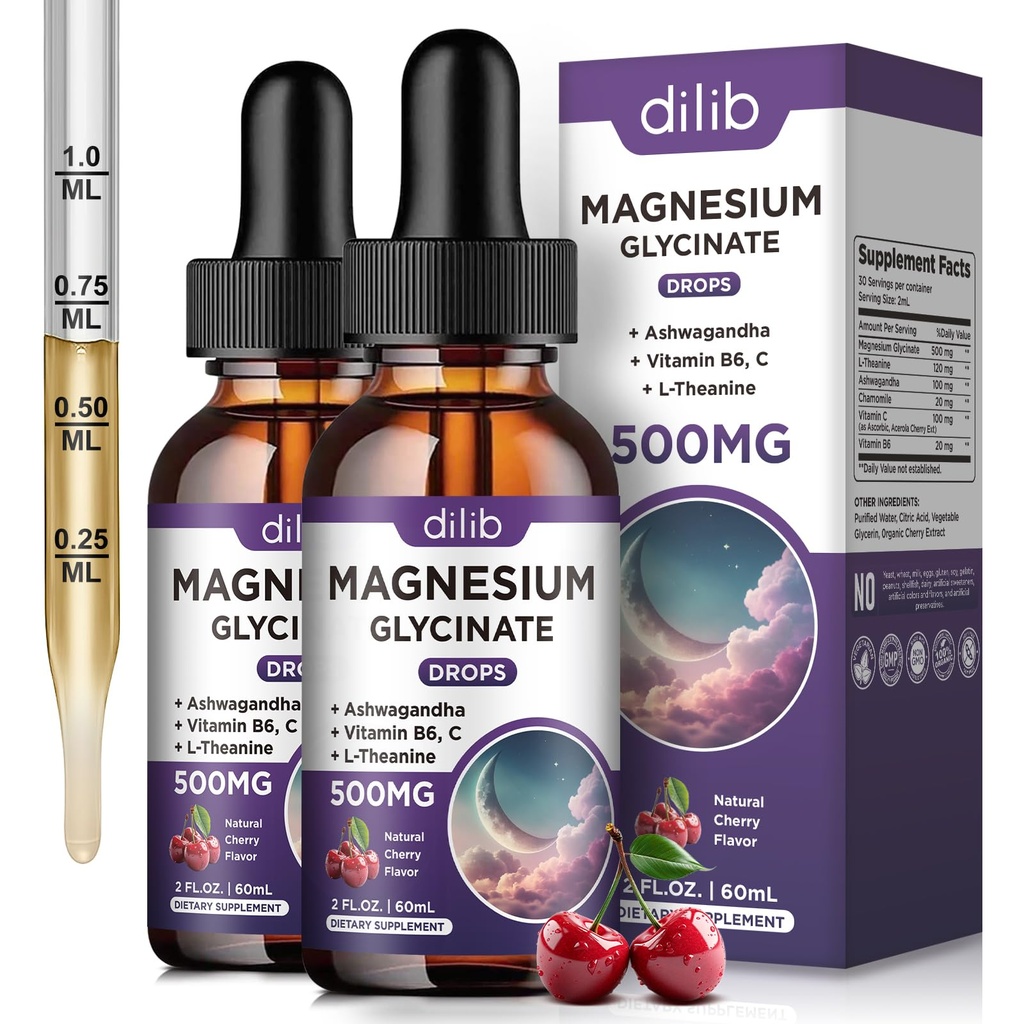 (2 Paket) Magnesium Glycinate Liquid Drops 500mg, dengan Vitamin B6, Ashwagandha, L - Theanine, Chamomile, Magnesium Glycinate Suplemen Tinggi untuk Tidur, Stress, Energi Mood - Cherry Flavor