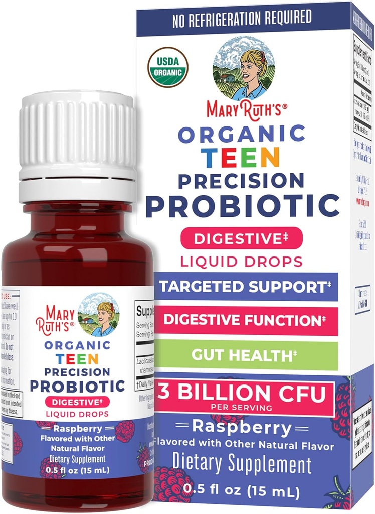MaryRuth Organics USDA Organic Liquid Probiotic Drops for Teens 124; Gut Health 124; Digetical Health 124; Occasional Digetical Discomfort 124; Overall Health and Wellness 124; Non GMO 124; Vegan 124; 30