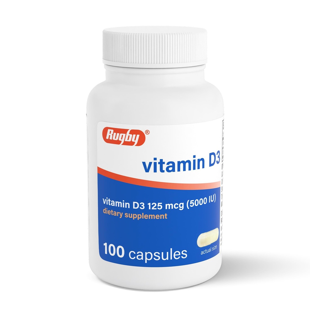 Rugby Vitamin D3 5.000 IU (125 mcg) - Vitamin Dietary Suplemen D untuk Bone, Teeth, dan Imune Kesehatan, 100 Kapsul