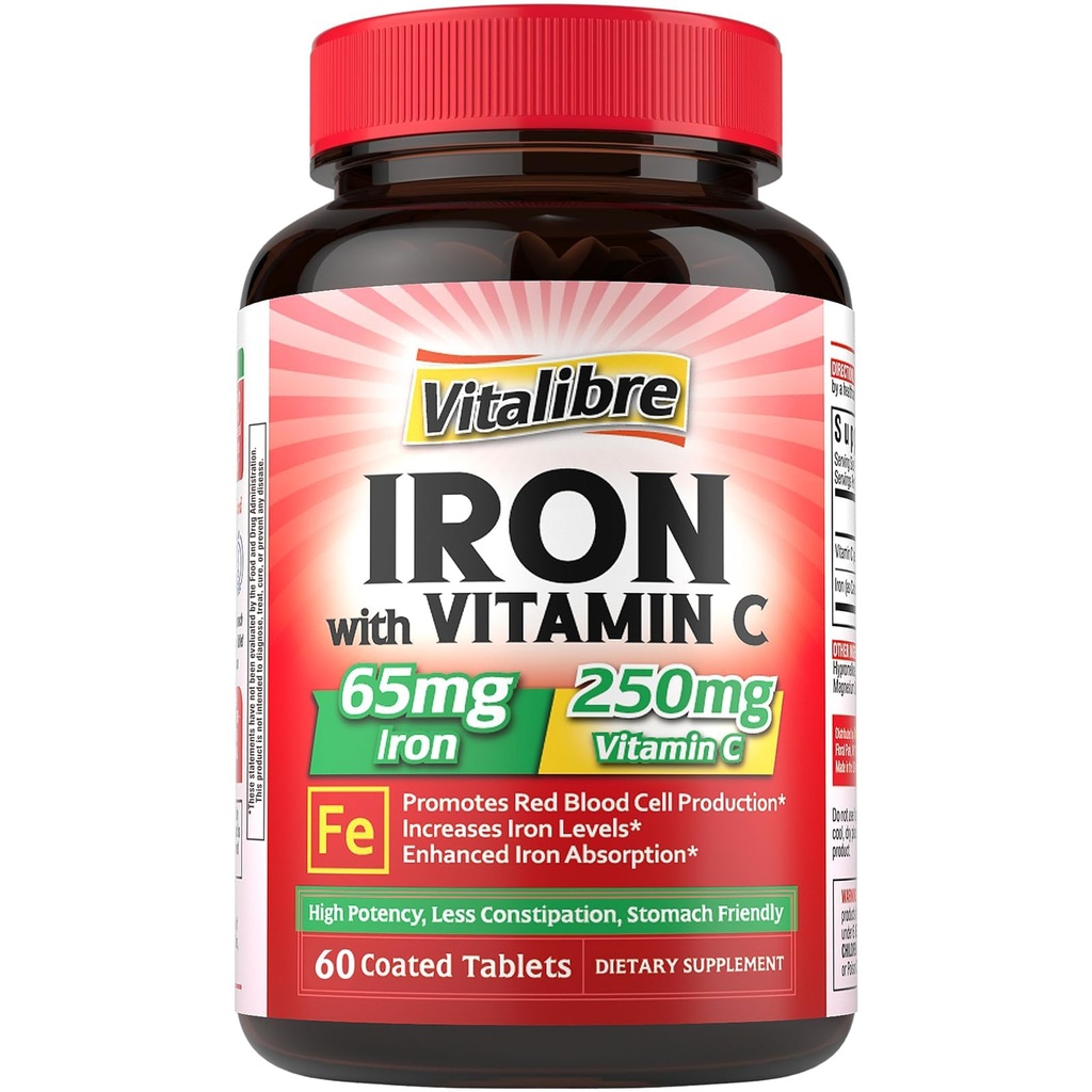 Tambahan Besi, 65mg Carbonyl Iron dengan 250mg Vitamin C, Pill-Iron Friendly untuk Pembangunan Darah Wanita & Men, Tinggi Absorpsi, Tidak Ada Mual, Konstilasi, Non-GMO, Tidak Gluten, 60 Vegan Tab