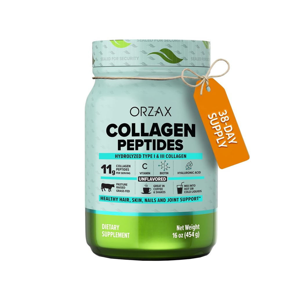 ORZAX Collagen Peptides Powder - 11 g Collagen Type I & III, Biotin & Hyaluronic Acid, 16 oz (Unflamited)