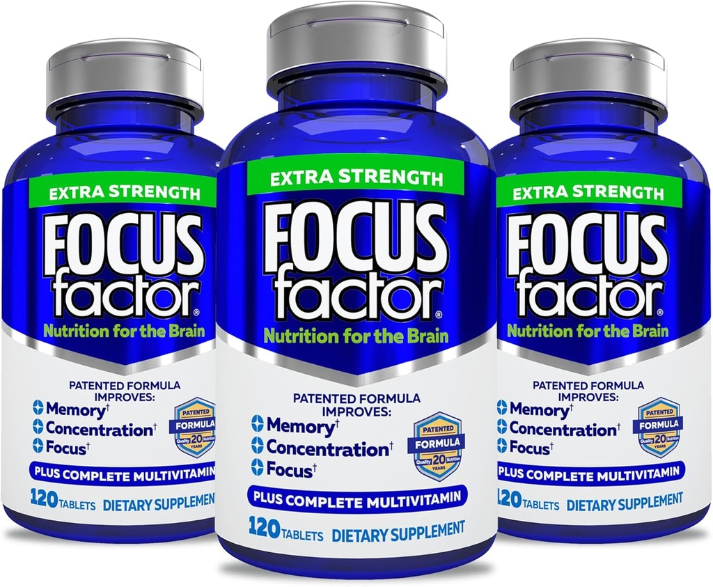 Faktor Fokus Kekuatan Ekstra Dewasa, 120 Coun- Pendukung Otak untuk Memori, Konsentrasi, Kokusi, DMAE, Vitamin D, DHA- Suplemen Kesehatan Otak - Dipercaya Formula-Otak Vitamin, Pemarah Fokus (3 Pack)