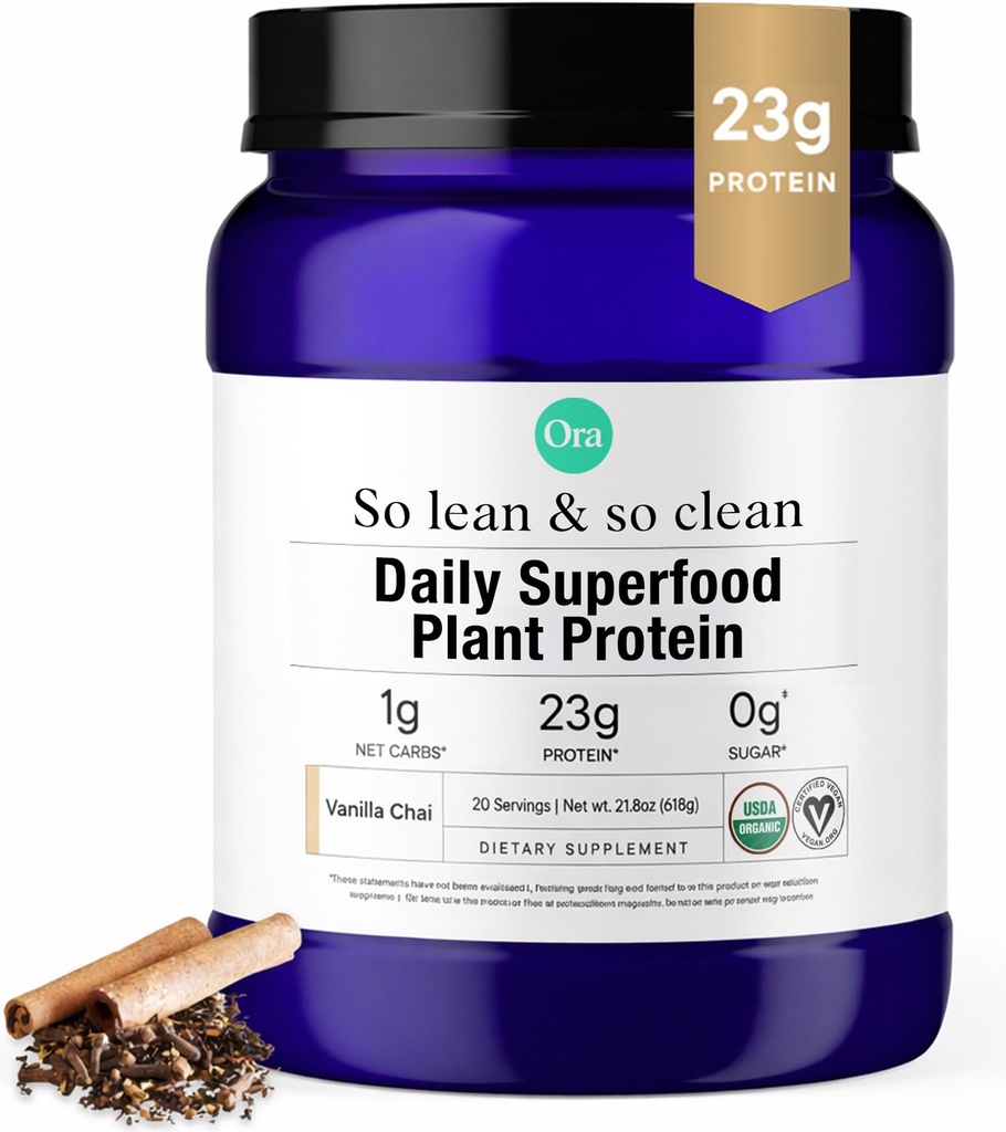 Ora Organic Vegan Powder - 23g Plant - berbasis Protein Powder untuk Perempuan dan Pria: 124; Clean Protein Sumber, Keto Friendly, Gluten Free, Paleo, Dairy-Free-Soy- Vanilla Chai - 20 Pegawai