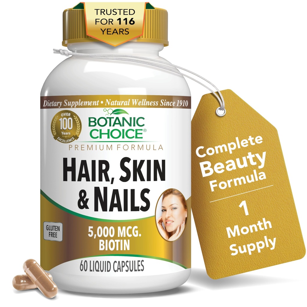 Rambut Botanic Choice Skin dan Nails Vitamin - Biotin Suplemen dengan Collagen, Vitamin C, & Iron - Super Antioksidant Campuran dengan Argan Oil & Hyaluronic Acid - 60 Liquid Capsules