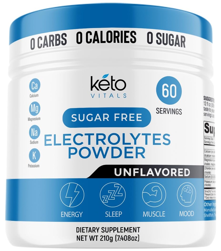 Keto Vitals Unflashted Electrolite Powder 124; Keto- Friendly Electrolite dengan Potasium, Magnesium, Sodium, Kalsium 124; Keto Electrolite Sux124; Sugar- Free, Zero Calories, Zero Carbs