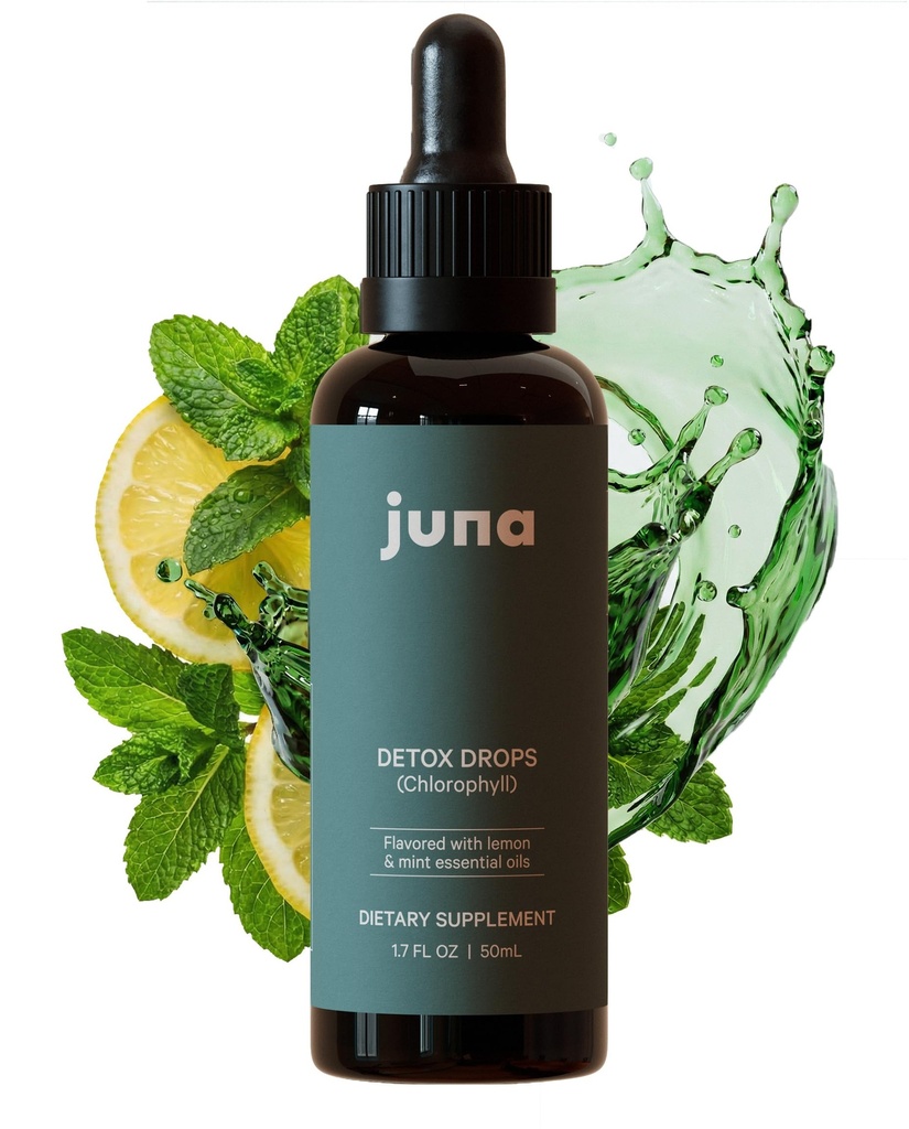 Juna Chlorofil Cair Drops, Konsentration Potency 3X - Detox, Debloat, Cleanse, Deodoran Internal, Energi & Cellular Dukungan - Segar Minty Lemon Taste