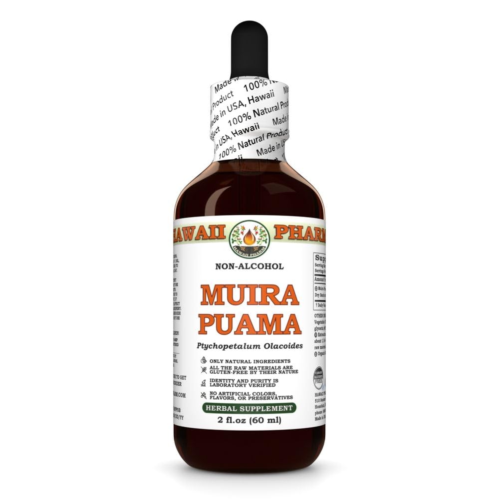 Hawaii Pharm Muira Puama Alcohol- Ekstraksi Bebas, Glycerite untuk Desire Boosting dan Energi, Pasokan Memori, Promotes Callastice, Enhances Circulation, Reduces Dark Circles, Enduges Vitalitas - 2 Fl.oz