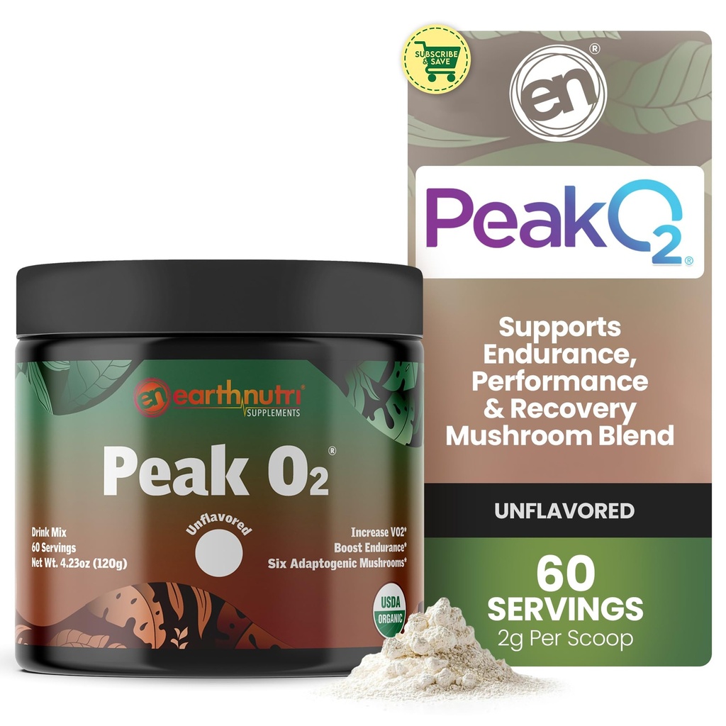 Tambahan Pekerja EarthNutri PeakO2 - Suplemen Mashroom untuk Endurance & Athletic Performance - Tanpa Addicitives, Tak Ada Pembakar - Pendukung Stamina, Kekuatan & Pemulihan - 60