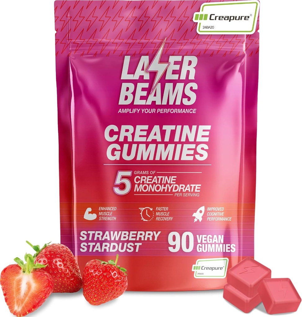 Creapure per Serving - Vegan - Otot Boost Kekuatan, Endurance, Pemulihan & Mental Fokus - 90 Gummies, Gluten- Free (Strawberry)
