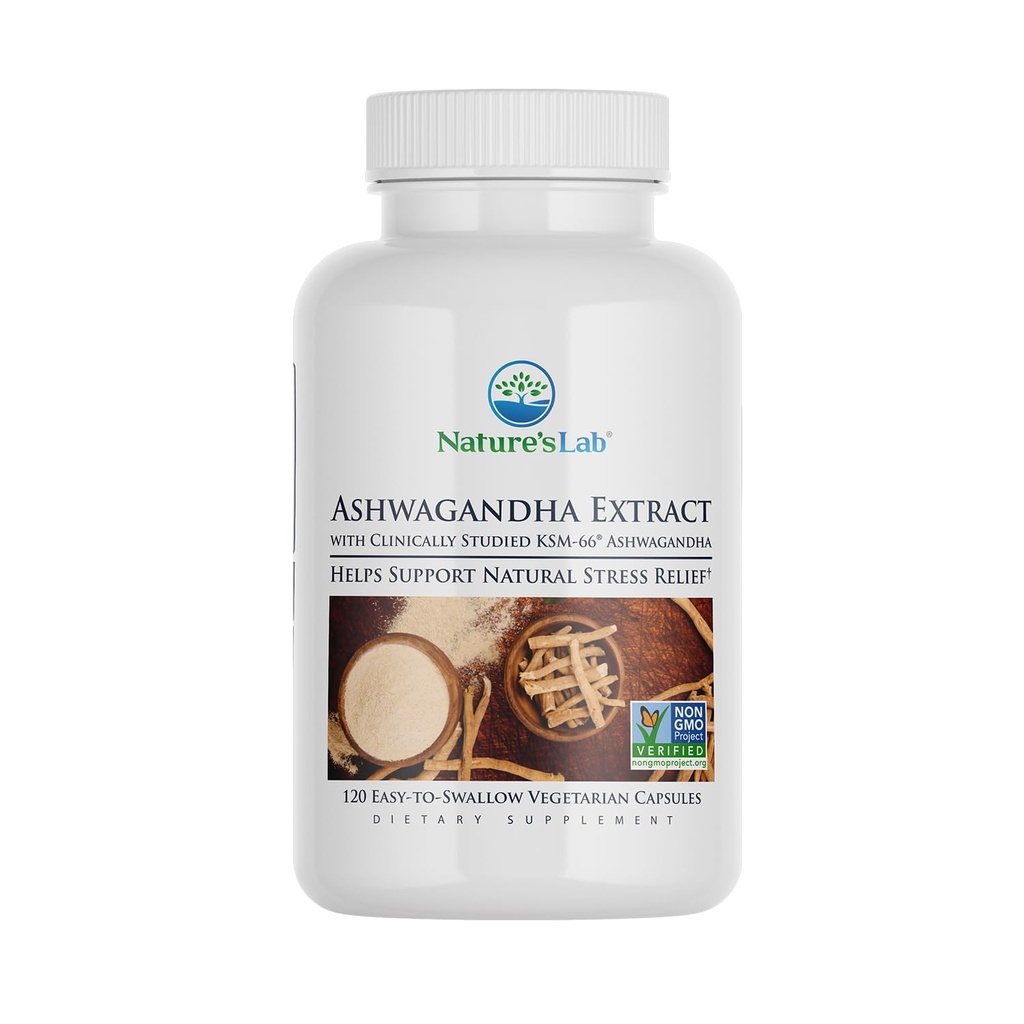 Nature 's Lab Extra Strangandha KSM 66 Extract - 5% Getanolides, Nature Organic Ashwagandha Root Pouder - Support Stress Relief, Focus and Strength Support * - 120 Ct (Supply 60 Hari)