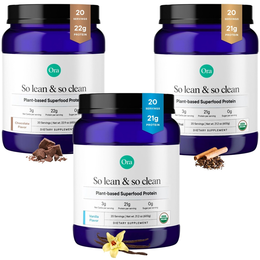 Ora Organik Protein Powder Vanilla, Chocolate & Vanilla Chai Bundle: 21g Plant Based, Vanilla, Vanilla Chai, 20 Servis + 22g Plant Based, Chocolate, 20 Servings