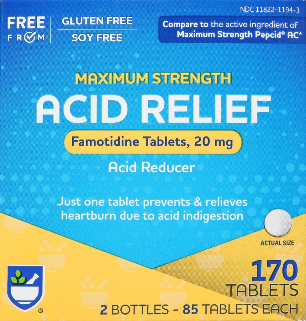 Rite Acid Acid Reducer, Maximum Power Femotidine Tablet, 20 mg - 2 Bottles, 85 Count Each Total)