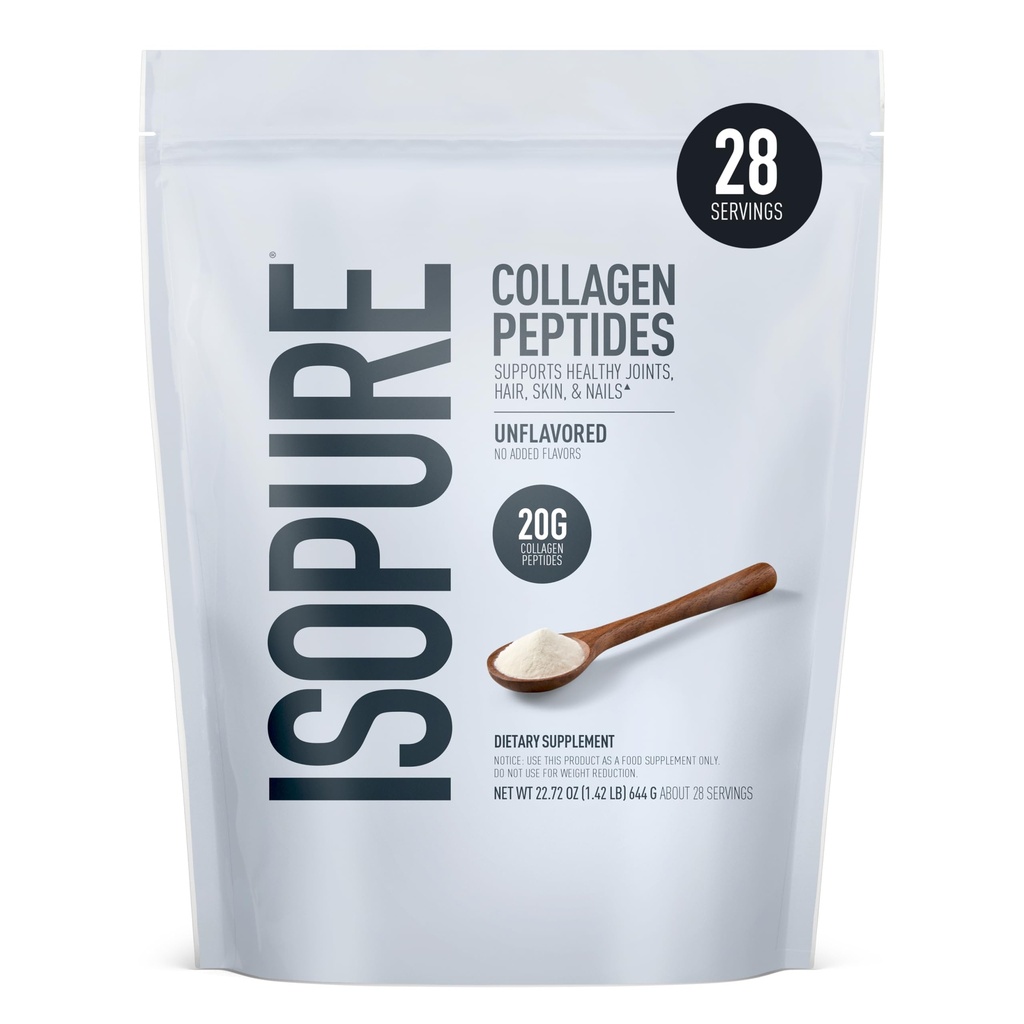 Isopure Collagen Peptides Powder, Promotes Hair, Nail, Skin dan Gabungan Kesehatan, dengan Vitamin C dan Biotin, Unflafeted, 20g Collagen Peptides Per Serving, 1.42 Lb, 28 Servings (Packaging May Wary)